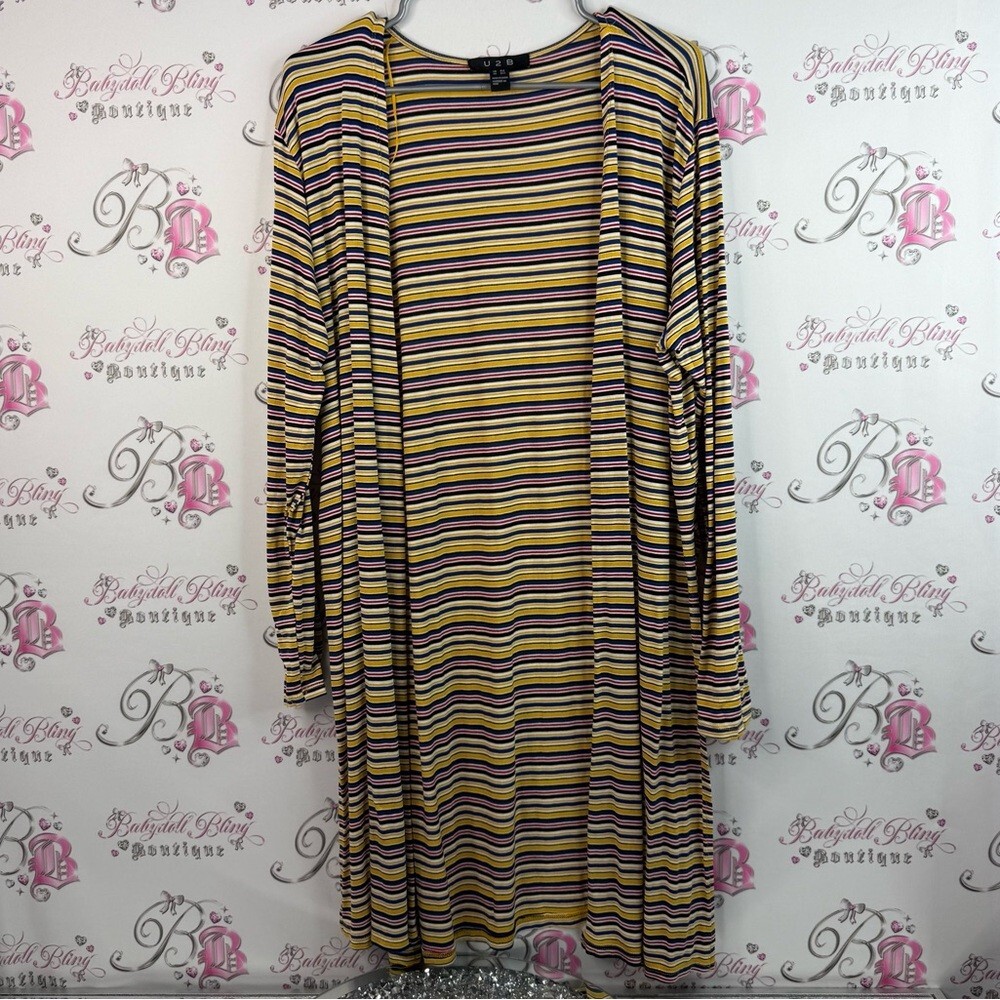U2B long cardigan sweater open front waterfall Multicolor Striped Cardigan